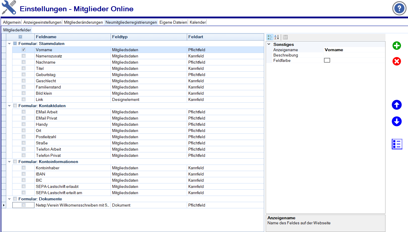 Übersicht Formularfelder Neumitgliederregistrierung