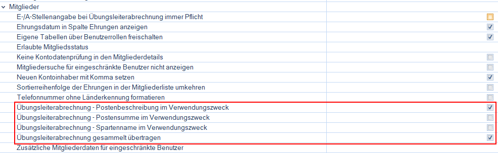Übungsleiter - Übungsleiterabrechnungsoptionen Übungsleiter - Übungsleiterabrechnungsoptionen