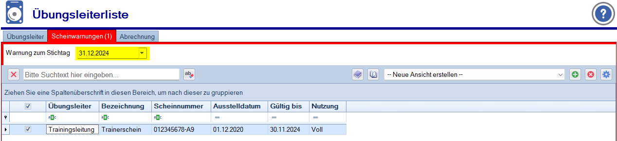 Übungsleiterliste - Scheinwarnungen Liste Übungsleiterliste - Scheinwarnungen Liste