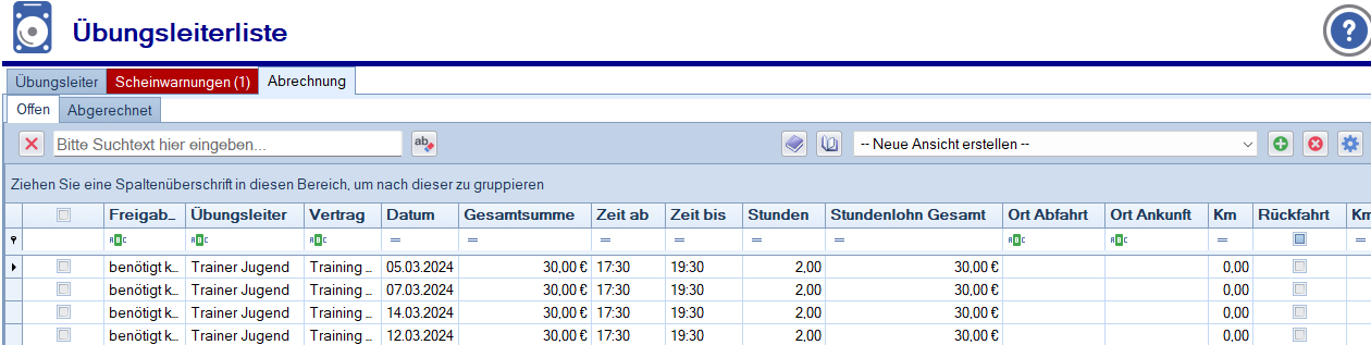 Übungsleiterliste - Abrechnung - Offen Übungsleiterliste - Abrechnung - Offen