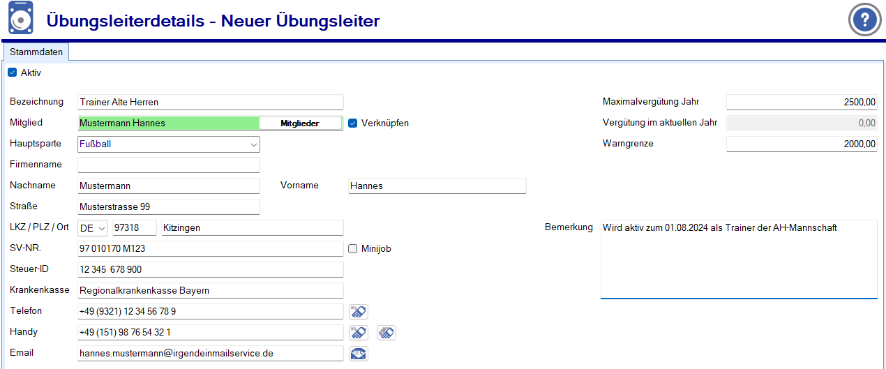 Übungsleiter - Stammdaten - Neuanlage Übungsleiter - Stammdaten - Neuanlage