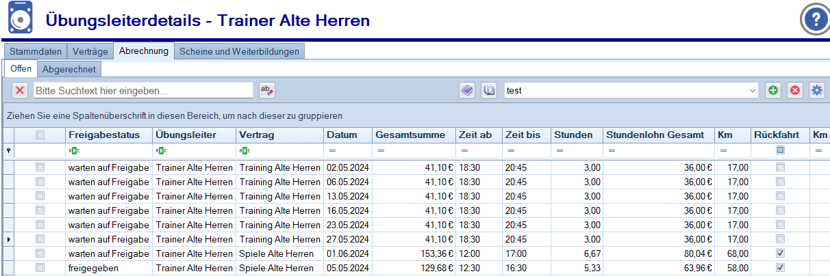 Übungsleiter - Abrechnung - Liste ohne Freigabe Übungsleiter - Abrechnung - Liste ohne Freigabe