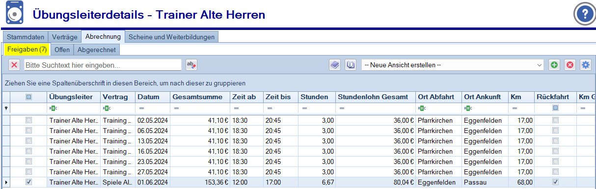 Übungsleiter - Abrechnung - Freigabeliste Übungsleiter - Abrechnung - Freigabeliste