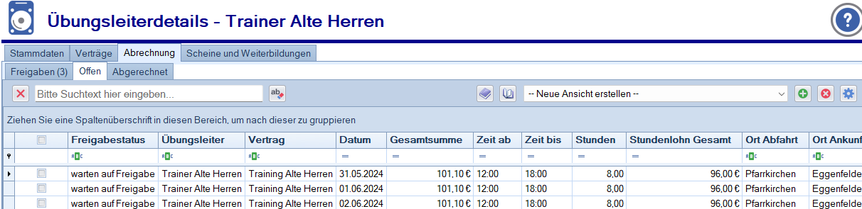 Übungsleiter - Abrechnung - Liste mit Freigabe Übungsleiter - Abrechnung - Liste mit Freigabe
