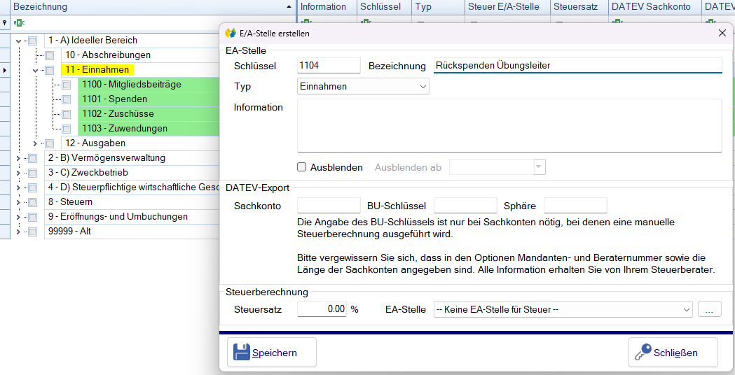 Übungsleiter - Rückspende - EA-Stelle anlegen Übungsleiter - Rückspende - EA-Stelle anlegen