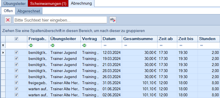 Übungsleiterliste - Abrechnung - Liste Übungsleiterliste - Abrechnung - Liste