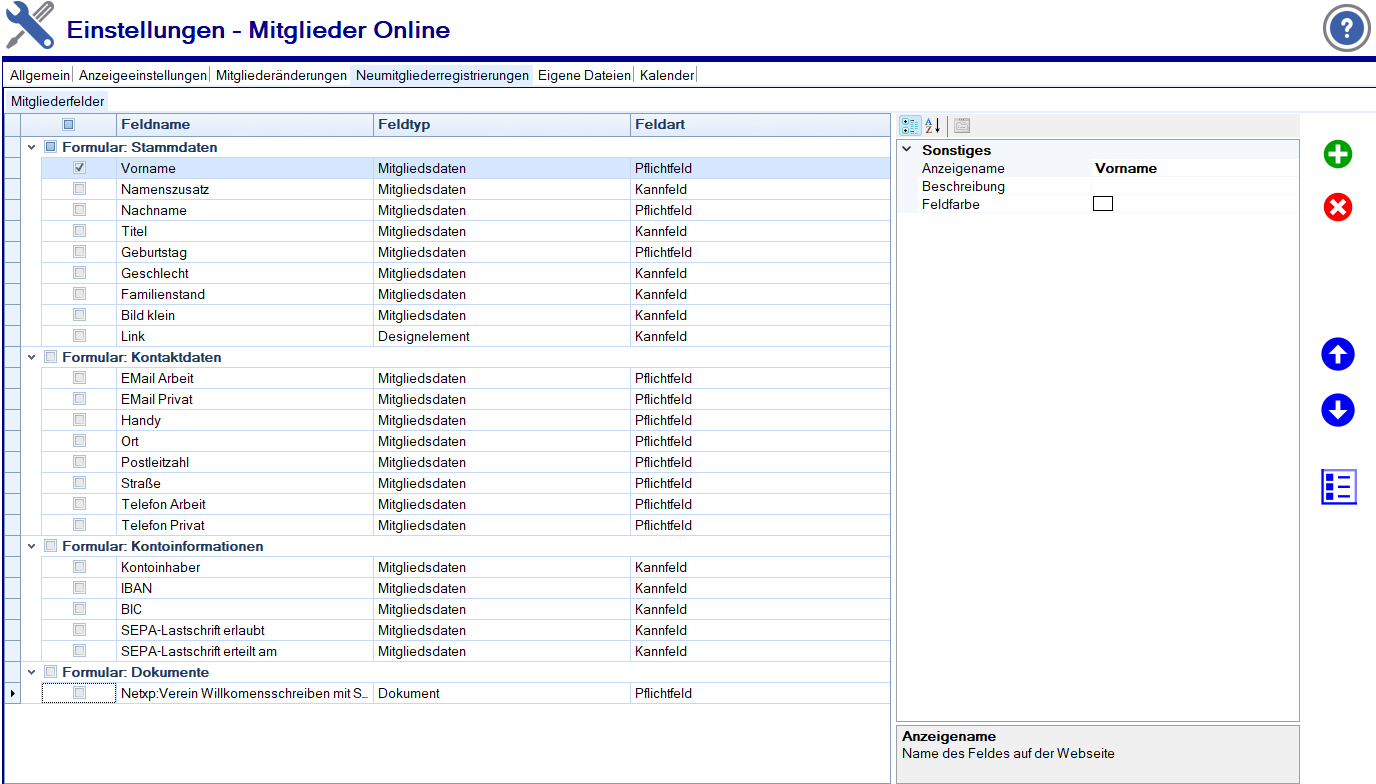 Übersicht Formularfelder Neumitgliederregistrierung Übersicht Formularfelder Neumitgliederregistrierung
