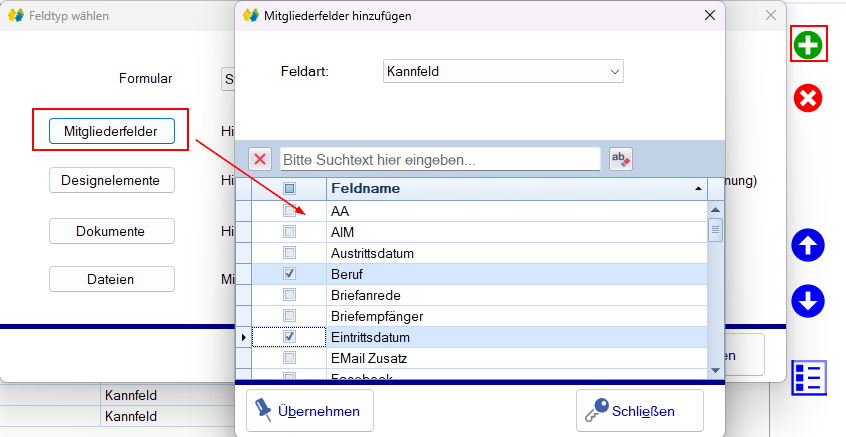 Mitgliederdatenfelder auswählen Mitgliederdatenfelder auswählen