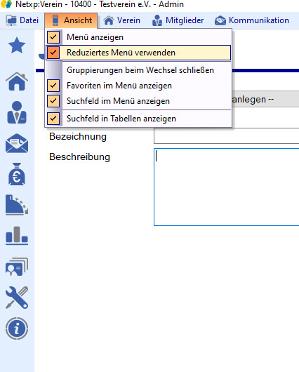 Menü / Ansicht / Reduziertes Menü verwenden