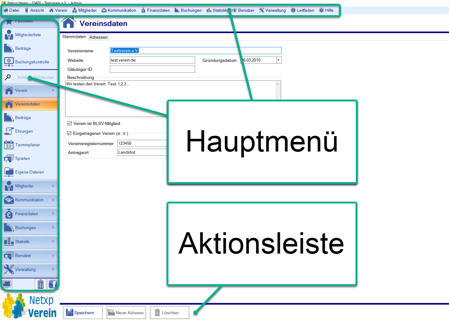 Netxp:Verein Hauptmenü | Menüleiste links und Menüzeile oben
