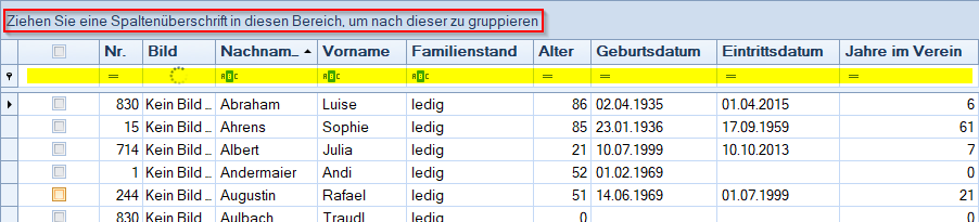 Mitglieder / Mitgliederliste - Ergebnisbereich