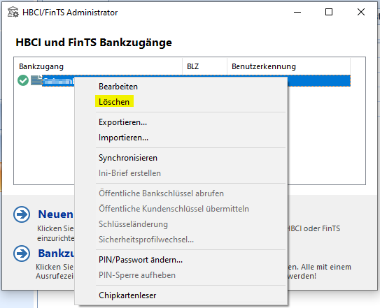 Finanzdaten - Konten / Bankzugang entfernen - Schritt 1