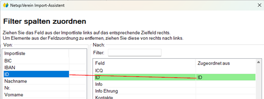Auswahl des Feldes zum identifizieren des Mitglieds