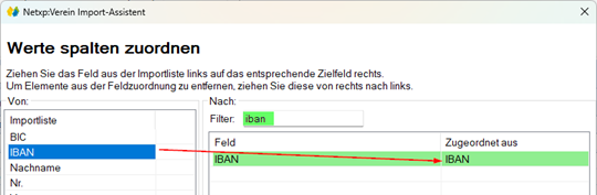 Auswahl des IBAN Felds zum Import