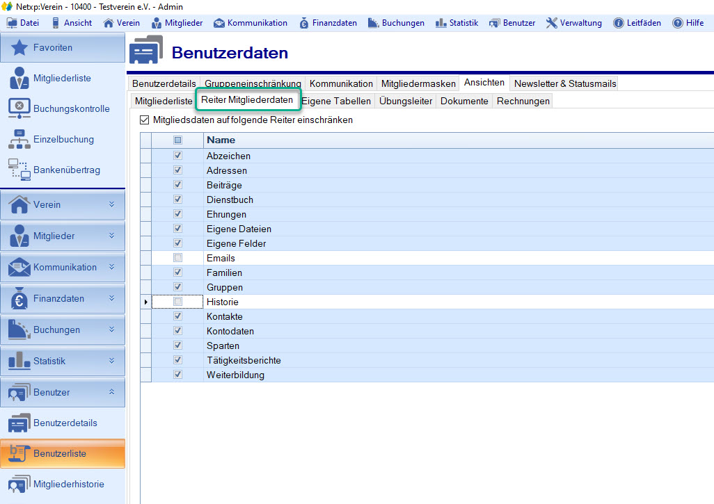 Benutzerliste / Ansichten / Reiter Mitgliederdaten Benutzerliste / Ansichten / Reiter Mitgliederdaten