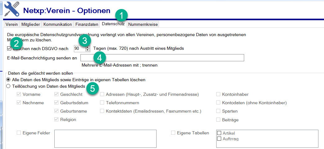 Netxp:Verein / Verwaltung / Optionen / Datenschutz