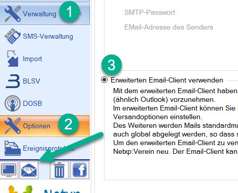 Netxp:Verein / Verwaltung / Optionen / Kommunikation / Erweiterter E-Mail Client Einrichtung