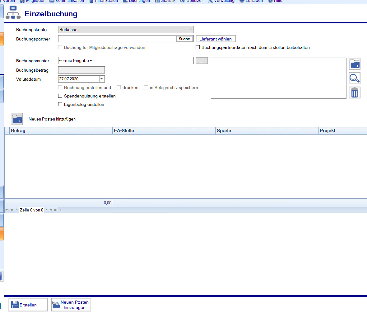 Netxp:Verein / Einzelbuchung / Maske mit aktiven Buchungsmustern Netxp:Verein / Einzelbuchung / Maske mit aktiven Buchungsmustern