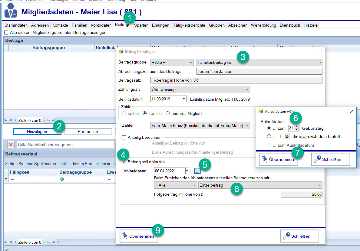 Familienbeitrag anlegen, der zu einem bestimmten Datum auf Einzelbeitrag geändert wird Familienbeitrag anlegen, der zu einem bestimmten Datum auf Einzelbeitrag geändert wird