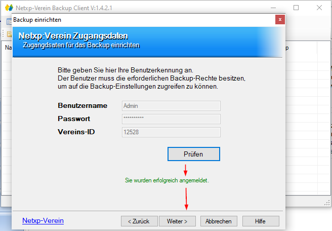 Verwaltung - Optionen / Backup Client - Assistent Zugangsdaten Bestätigung Verwaltung - Optionen / Backup Client - Assistent Zugangsdaten Bestätigung