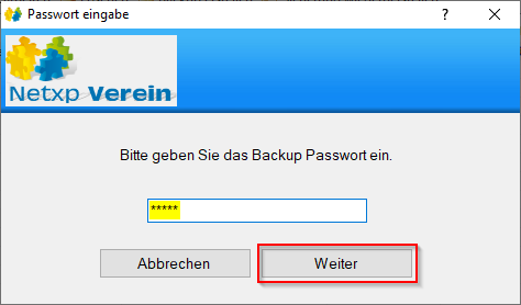 Verwaltung - Optionen / Backup Client - Sicherung wiederherstellen Passwort