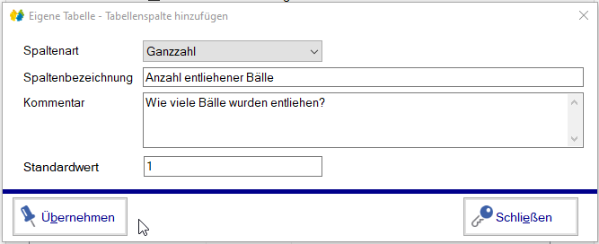 Verwaltung - Optionen / Eigene Tabellen - Spaltenart Ganzzahl Verwaltung - Optionen / Eigene Tabellen - Spaltenart Ganzzahl