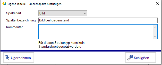 Verwaltung - Optionen / Eigene Tabellen - Spaltenart Bild Verwaltung - Optionen / Eigene Tabellen - Spaltenart Bild