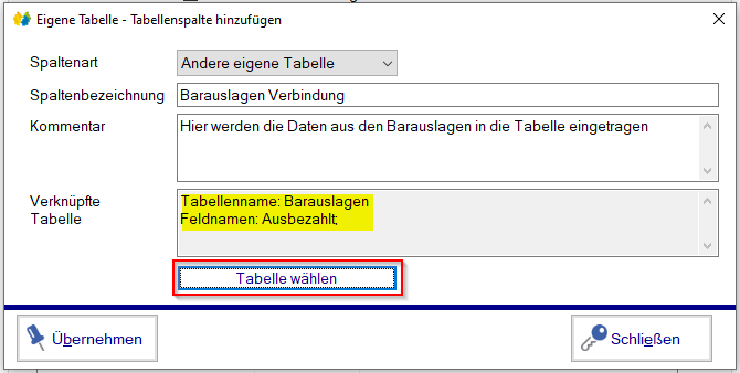 Verwaltung - Optionen / Eigene Tabellen - Spaltenart Andere eigene Tabelle Verwaltung - Optionen / Eigene Tabellen - Spaltenart Andere eigene Tabelle
