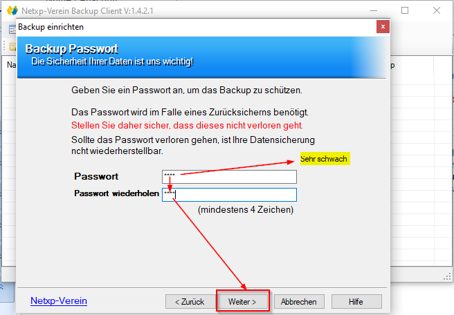 Verwaltung - Optionen / Backup Client - Assistent Passwort
