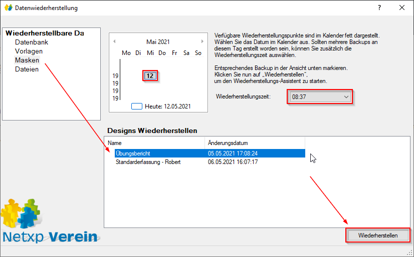Verwaltung - Optionen / Backup Client - Sicherung wiederherstellen Maske Verwaltung - Optionen / Backup Client - Sicherung wiederherstellen Maske