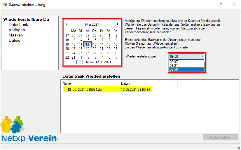 Verwaltung - Optionen / Backup Client - Sicherung wiederherstellen Auswahlelemente Verwaltung - Optionen / Backup Client - Sicherung wiederherstellen Auswahlelemente