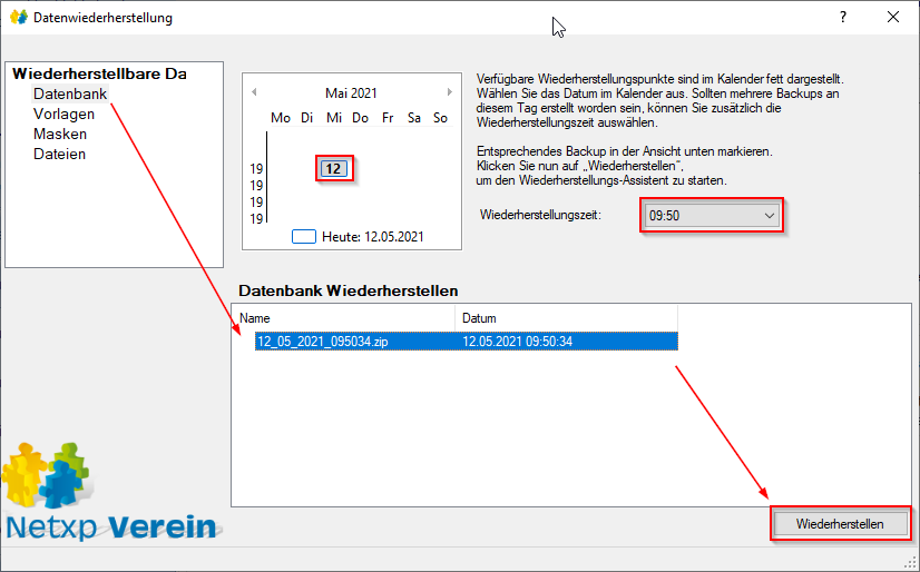 Verwaltung - Optionen / Backup Client - Sicherung wiederherstellen Datenbank