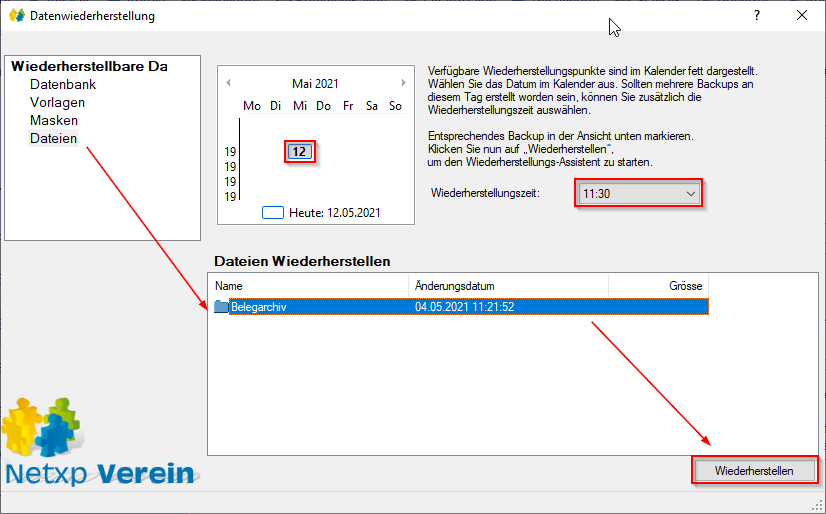 Verwaltung - Optionen / Backup Client - Sicherung wiederherstellen Maske Verwaltung - Optionen / Backup Client - Sicherung wiederherstellen Maske