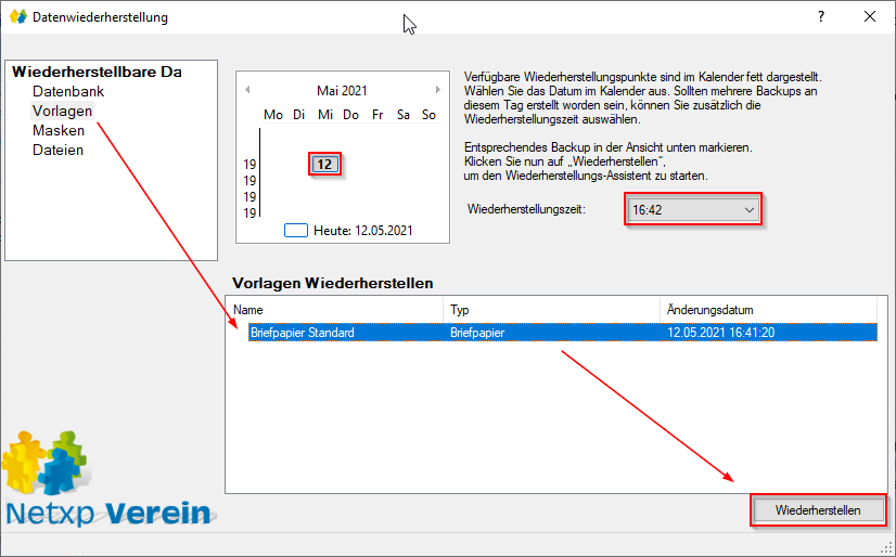 Verwaltung - Optionen / Backup Client - Sicherung wiederherstellen Vorlagen Verwaltung - Optionen / Backup Client - Sicherung wiederherstellen Vorlagen