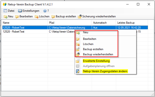 Verwaltung - Optionen / Backup Client - Backup Kontextmenü Verwaltung - Optionen / Backup Client - Backup Kontextmenü