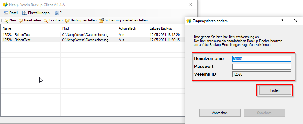 Verwaltung - Optionen / Backup Client - Backup Zugangsdaten ändern Verwaltung - Optionen / Backup Client - Backup Zugangsdaten ändern