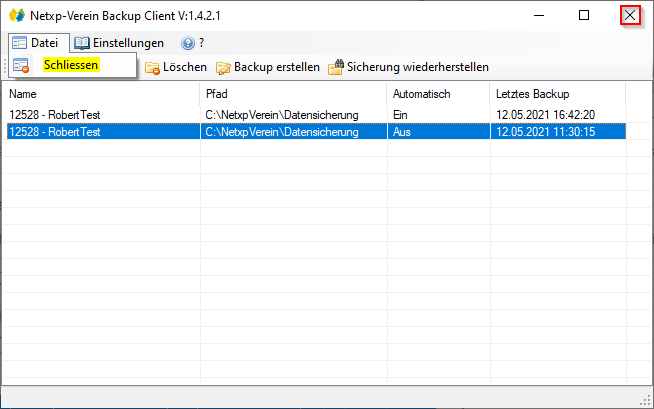 Verwaltung - Optionen / Backup Client - Backup schließen Verwaltung - Optionen / Backup Client - Backup schließen