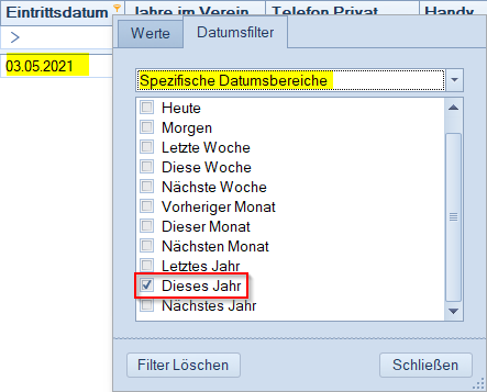 Mitglieder / Mitgliederliste - Ergebnisbereich mit Datumsfilter filtern Mitglieder / Mitgliederliste - Ergebnisbereich mit Datumsfilter filtern