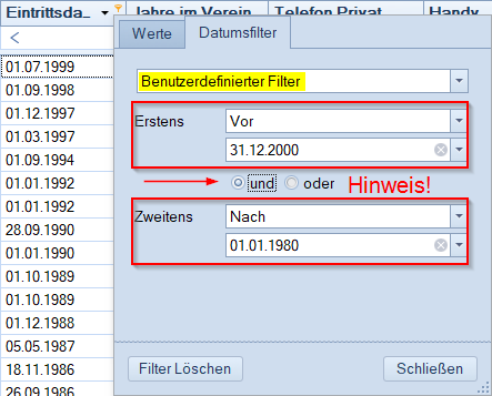 Mitglieder / Mitgliederliste - Ergebnisbereich Datumsfilter benutzerdefiniert Mitglieder / Mitgliederliste - Ergebnisbereich Datumsfilter benutzerdefiniert