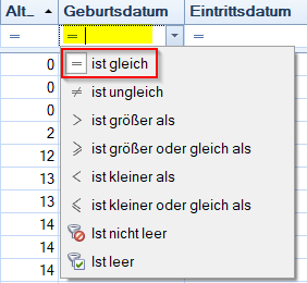 Mitglieder / Mitgliederliste - Ergebnisbereich Datum direkt filtern - Optionen Mitglieder / Mitgliederliste - Ergebnisbereich Datum direkt filtern - Optionen