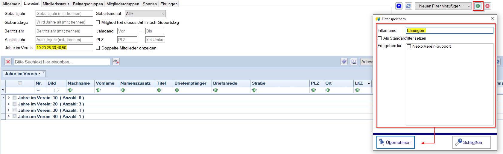 Mitglieder / Mitgliederliste - Neuen Filter hinzufügen Mitglieder / Mitgliederliste - Neuen Filter hinzufügen