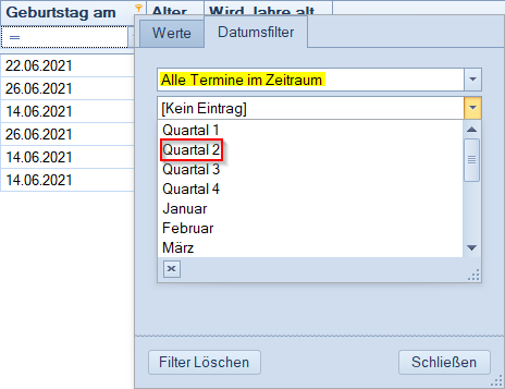 Mitglieder / Mitgliederliste - Ergebnisbereich mit Terminen in einem Zeitraum filtern Mitglieder / Mitgliederliste - Ergebnisbereich mit Terminen in einem Zeitraum filtern