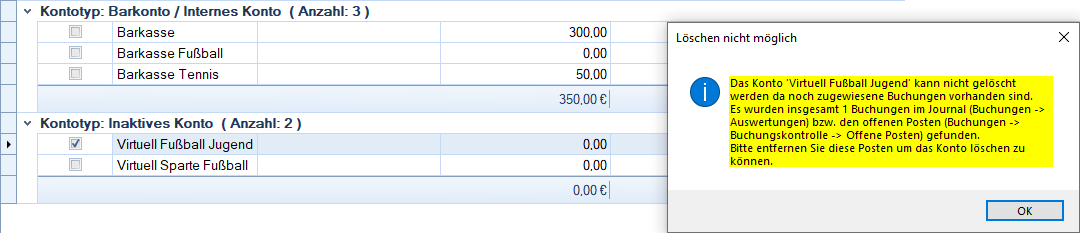 Finanzdaten / Konten - Virtuell - löschen mit Warnhinweis Finanzdaten / Konten - Virtuell - löschen mit Warnhinweis