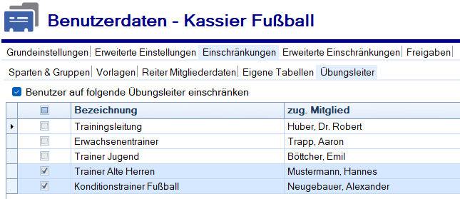 Übungsleiter - Auswahl freigegebene Übungsleiter Übungsleiter - Auswahl freigegebene Übungsleiter