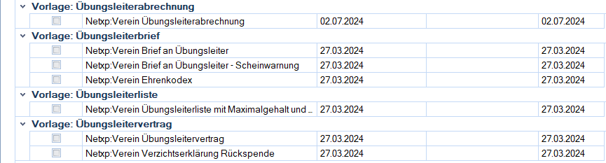 Übungsleiter - Vorlagenauswahl Übungsleiter - Vorlagenauswahl