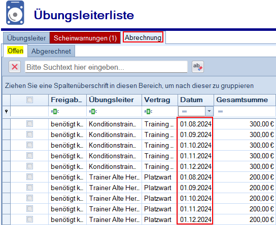 Übungsleiterverwaltung - Mehrfachauswahl Abrechnungsposten Übungsleiterverwaltung - Mehrfachauswahl Abrechnungsposten