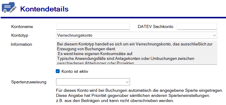 Neues Verrechnungskonto anlegen Neues Verrechnungskonto anlegen