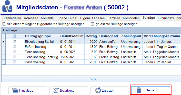 Mitgliedsdaten / Beitragsassistent / Entfernen Mitgliedsdaten / Beitragsassistent / Entfernen