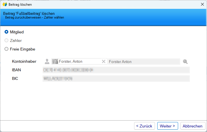 Mitgliedsdaten / Beitragsassistent / Entfernen - Zurücküberweisen Bankdetails Mitgliedsdaten / Beitragsassistent / Entfernen - Zurücküberweisen Bankdetails