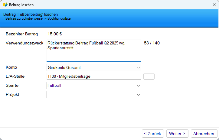 Mitgliedsdaten / Beitragsassistent / Entfernen - Zurücküberweisen Buchungsdetails Mitgliedsdaten / Beitragsassistent / Entfernen - Zurücküberweisen Buchungsdetails